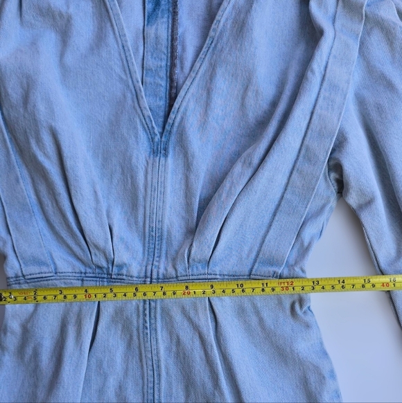 Zara Light Blue Pleated Denim Mini Dress Elbow Length Puff balloon Sleeves - Picture 11 of 16